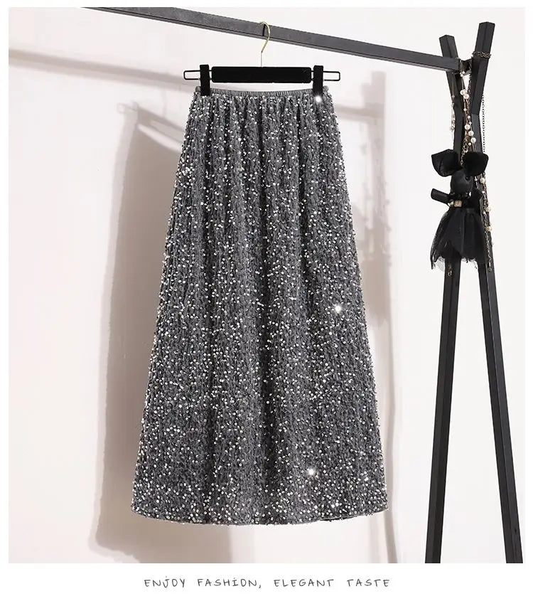 Sequin Elastic Waist A-Line Midi Skirt for Women – Casual Solid Color Summer Skirt