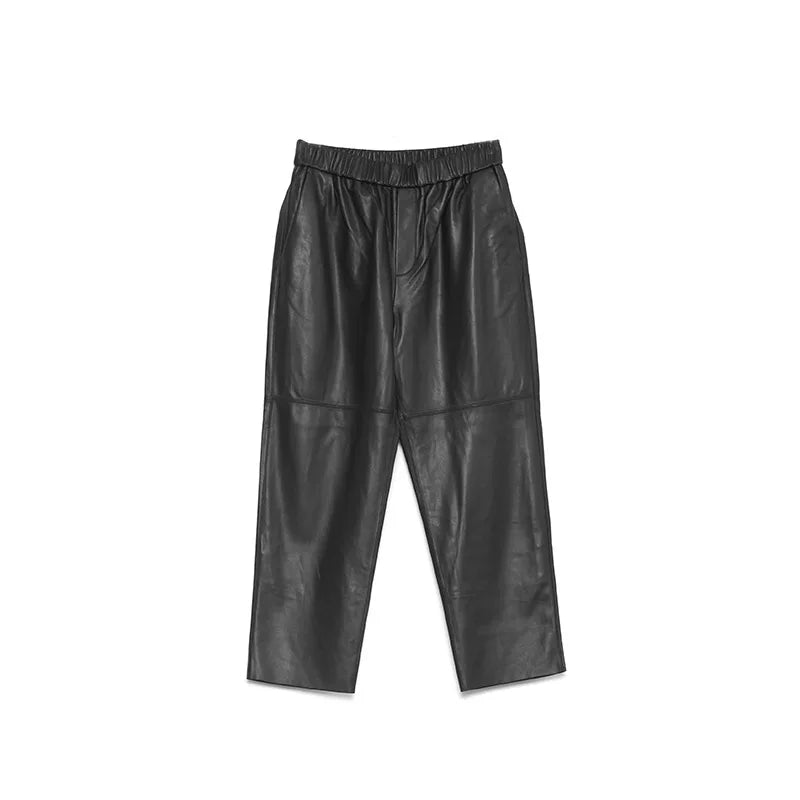 Women’s Genuine Sheepskin Leather Pants – High Waist Straight Fit Ankle-Length Trousers
