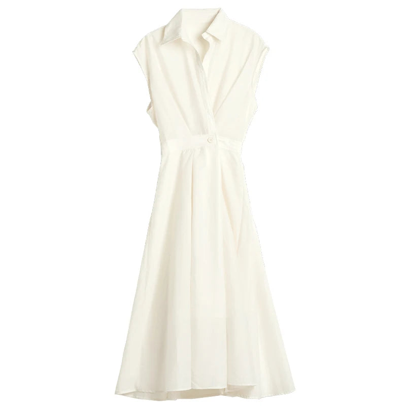 elegant white dresses plus size Women’s Summer Lyocell Shirt Dress – Elegant Vintage Short Sleeve Flared Midi Dress White Dress / S