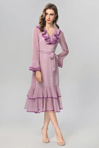 Elegant Vintage Houndstooth Midi Dress – Spring/Summer Fashion, Ruffle V-Neck with Belt, Casual Women€™s Runway Design