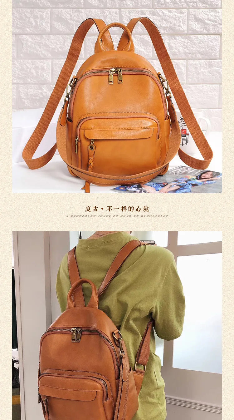 Highend Vintage A4 Coffee Yellow Brown Black Full Grain Genuine Leather Women Backpack Cowhide Girl Travel Bag