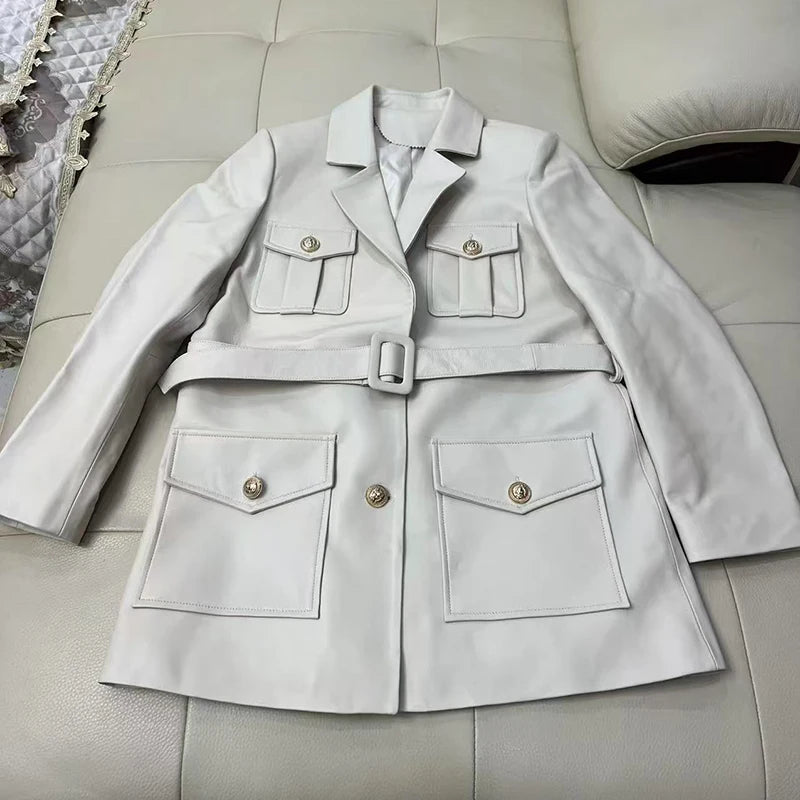 Women’s Genuine Sheepskin Leather Coat – Retro Belted Mid-Length Jacket with Gold Buckle, Suit Collar & Cargo Pockets