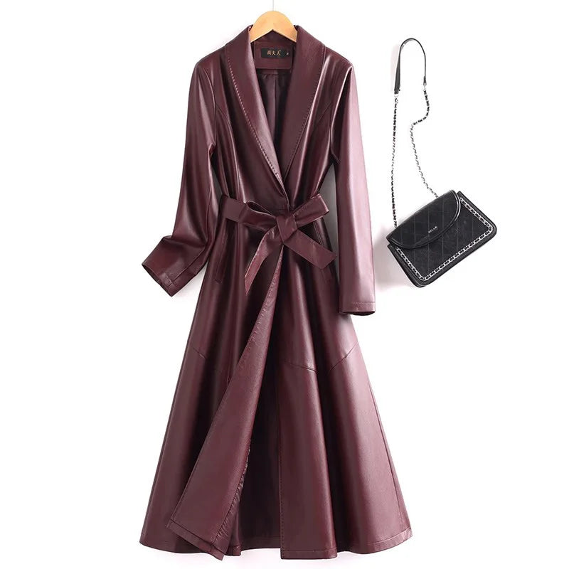 New Elegant Women’s Split Leather Trench Coat | Slim Waist Belted Long Coat with Suit Collar | Spring & Autumn Fashion Casual Outerwear