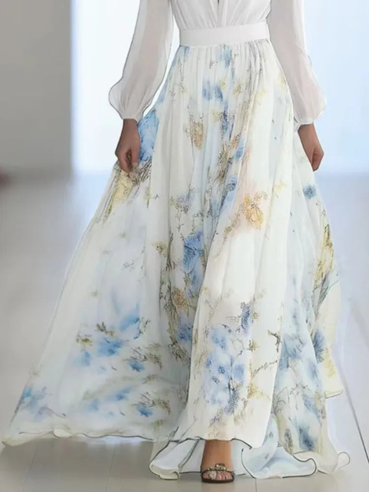 Elegant V-neck Long-sleeved Chiffon Dress Fashion Spring Autumn Powder Sleeve Splicing Flower Printing Casual Dresses Female