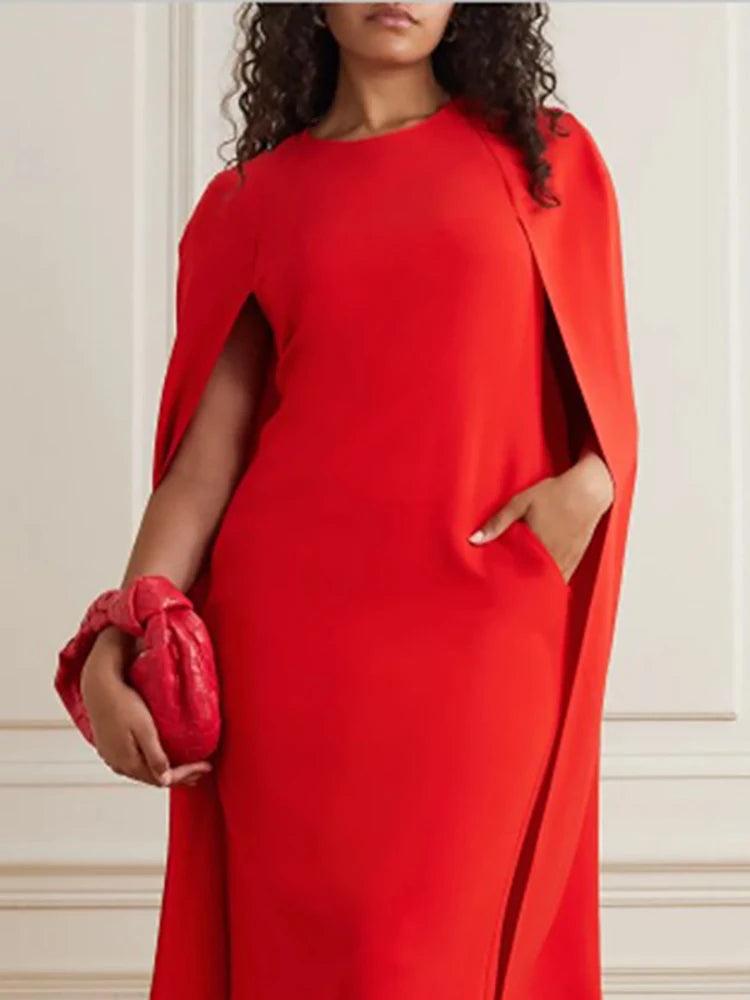 Chic Red O-Neck Evening Dress with Cape Sleeves – Perfect for Christmas Parties and Festive Celebrations