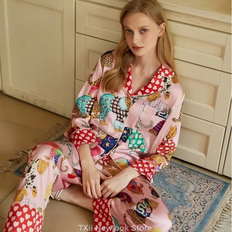 Elegant Pajama Set for Women – Long Sleeve Lapel Home Suit for Spring & Summer