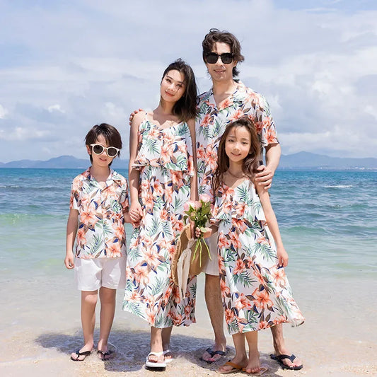 Family Look Vacation Beach Clothing Mom Daughter Sleeveless Dress Dad Son Matching Floral Shirt Set Parent Child Holiday Clothes - HER SHOP