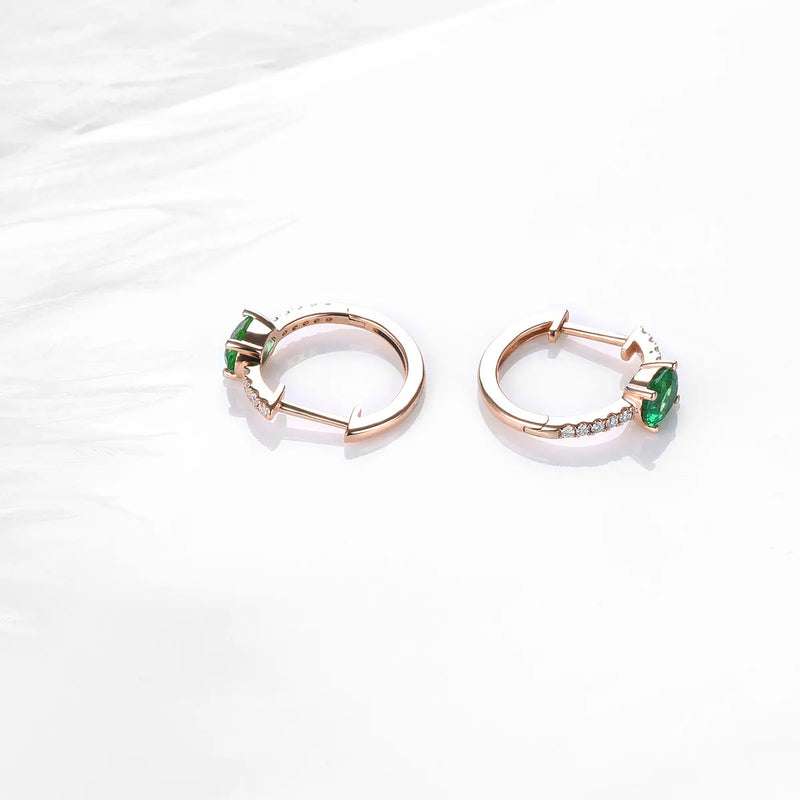 Solid 18K Rose Gold Earrings - 0.6 Carat Natural Emerald, 0.182 Carat Diamond Jewelry for Women