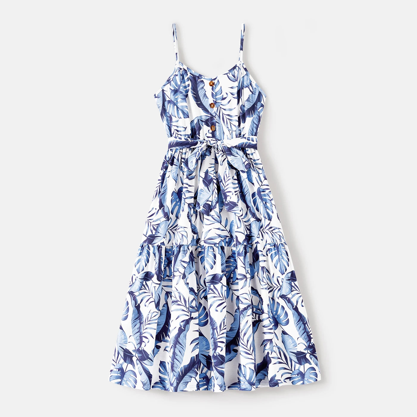 PatPat Family Matching Outfits Naia Blue Floral Tee Button Ruffle Hem Strap Dress
