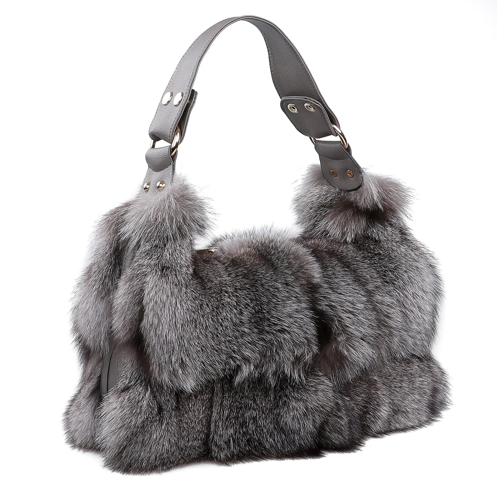 Women's Winter Genuine Fox Fur Shoulder Bag Handbag PU Leather Top Handle Bags Ladies Zipper Soft Stylish Fashion… - HER SHOP