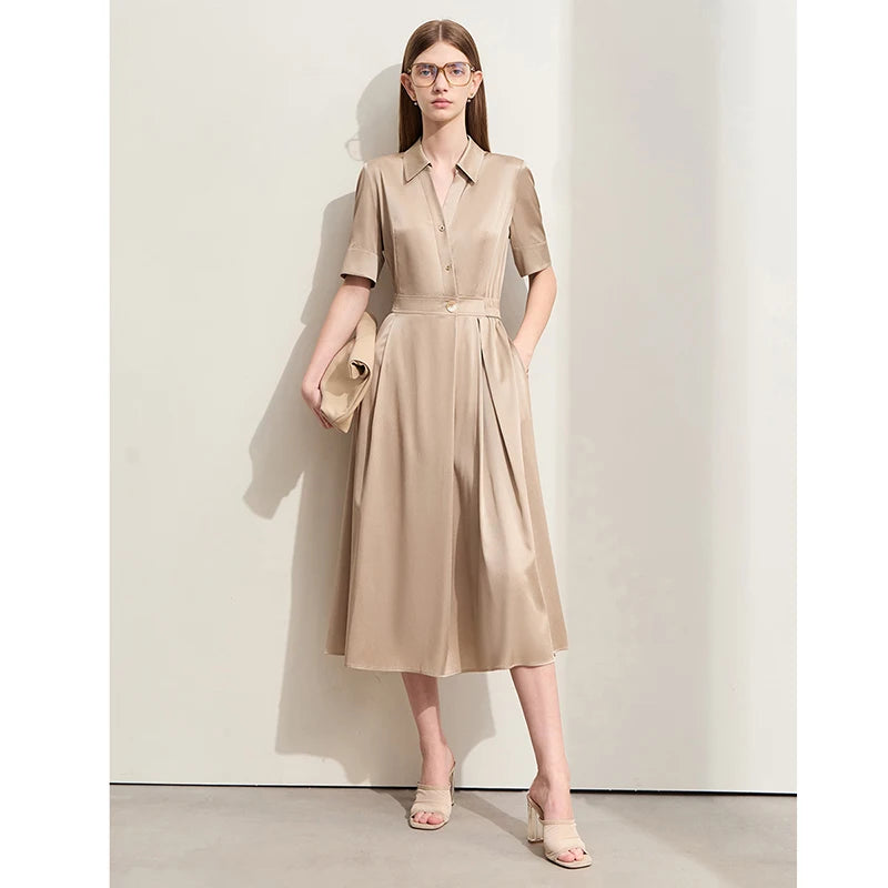 Minimalism Silk Dress for Women – Summer Light Luxury Lapel Half Placket Stretch Long Shirt Dress