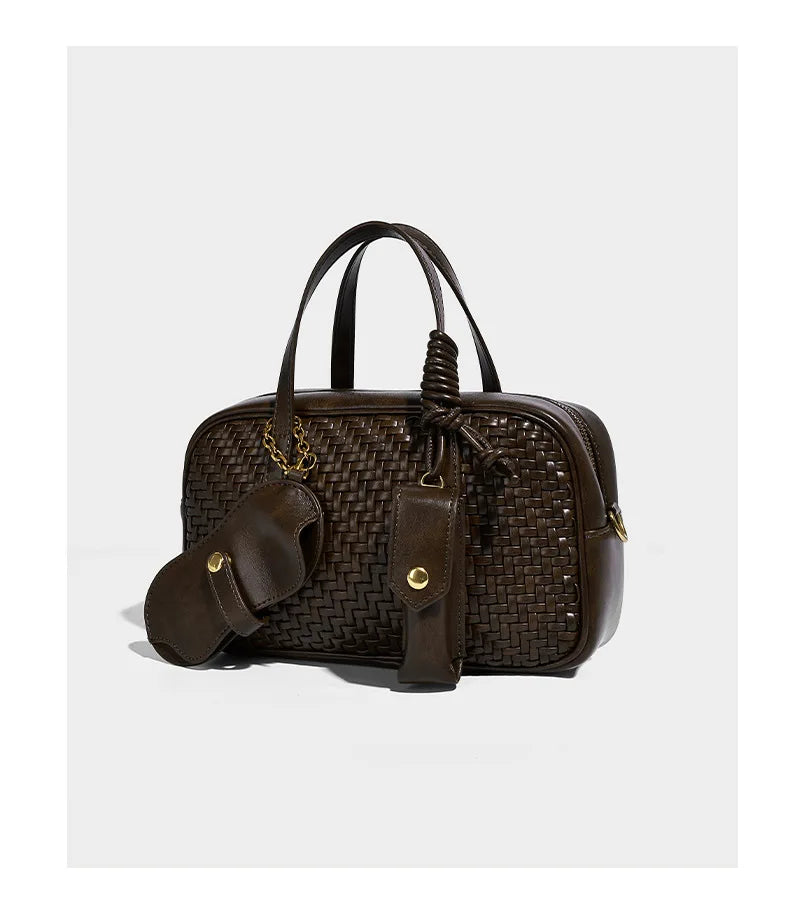 Women's Boston Bag 2025 Fall Winter New Woven Bowling Bag Unique Design Handheld Pack Trendy Light Luxury PU Leather Handbag