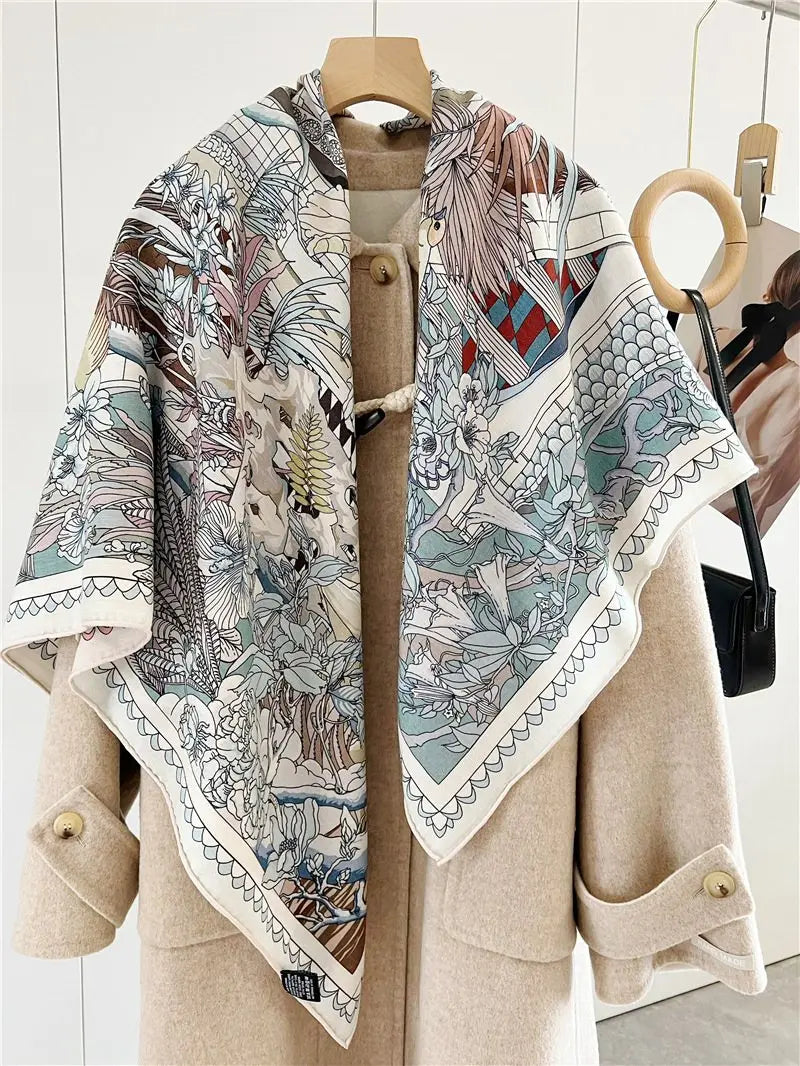 Women’s Large Square Wool & Silk Blanket Scarf – Double-Sided Printed Shawl Cape, 130×130cm