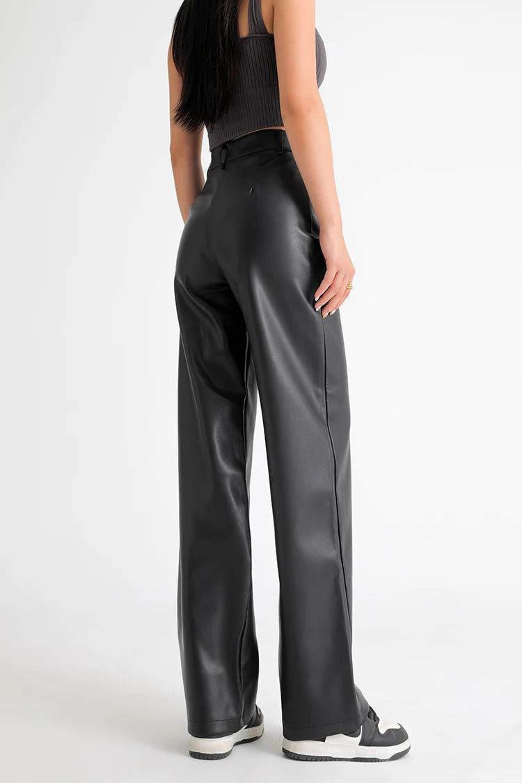 Fall Winter Fleece Loose Wide Leg Warm Leather Pants Women Button Pocket High Waist Thick PU Casual Straight Pants