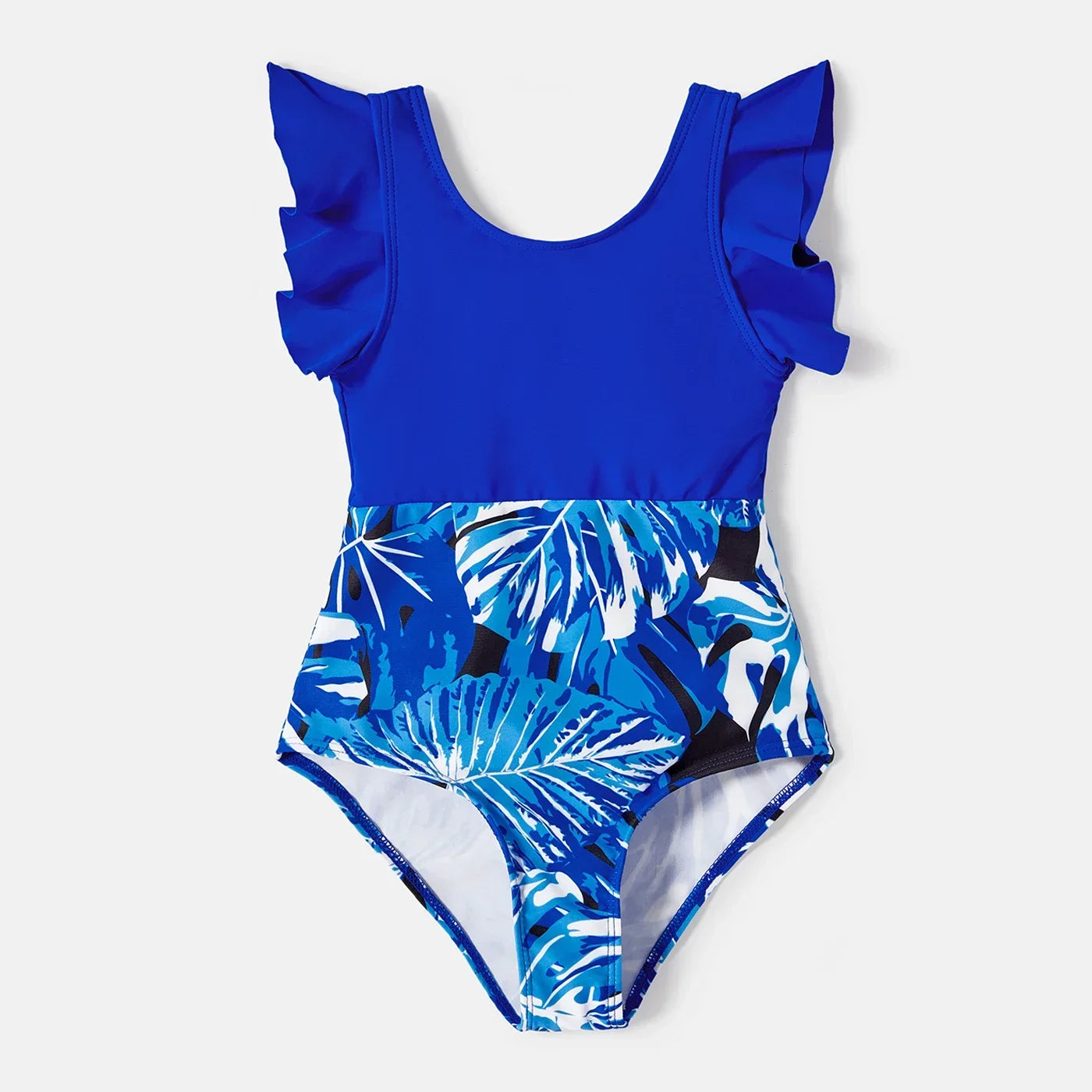 Family Matching Swimsuits Plant Print Swim Trunks and Blue Ruffle Trim Spliced One-piece Swimsuit