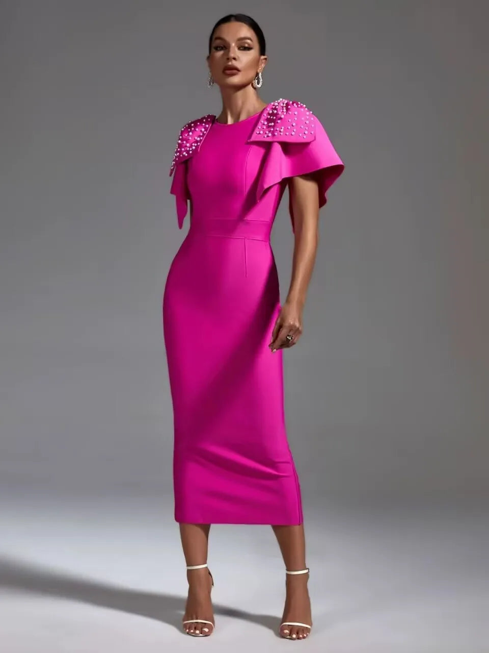 Rose Red Bow Sleeve Beaded Bandage Midi Dress – Elegant Slim Fit Evening Party Dress - Red - Size XL - HER SHOP