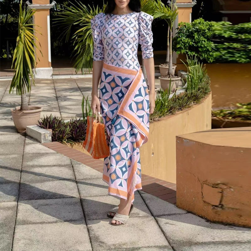 Printed Long Sleeve Lace-Up Beach Swimwear Set