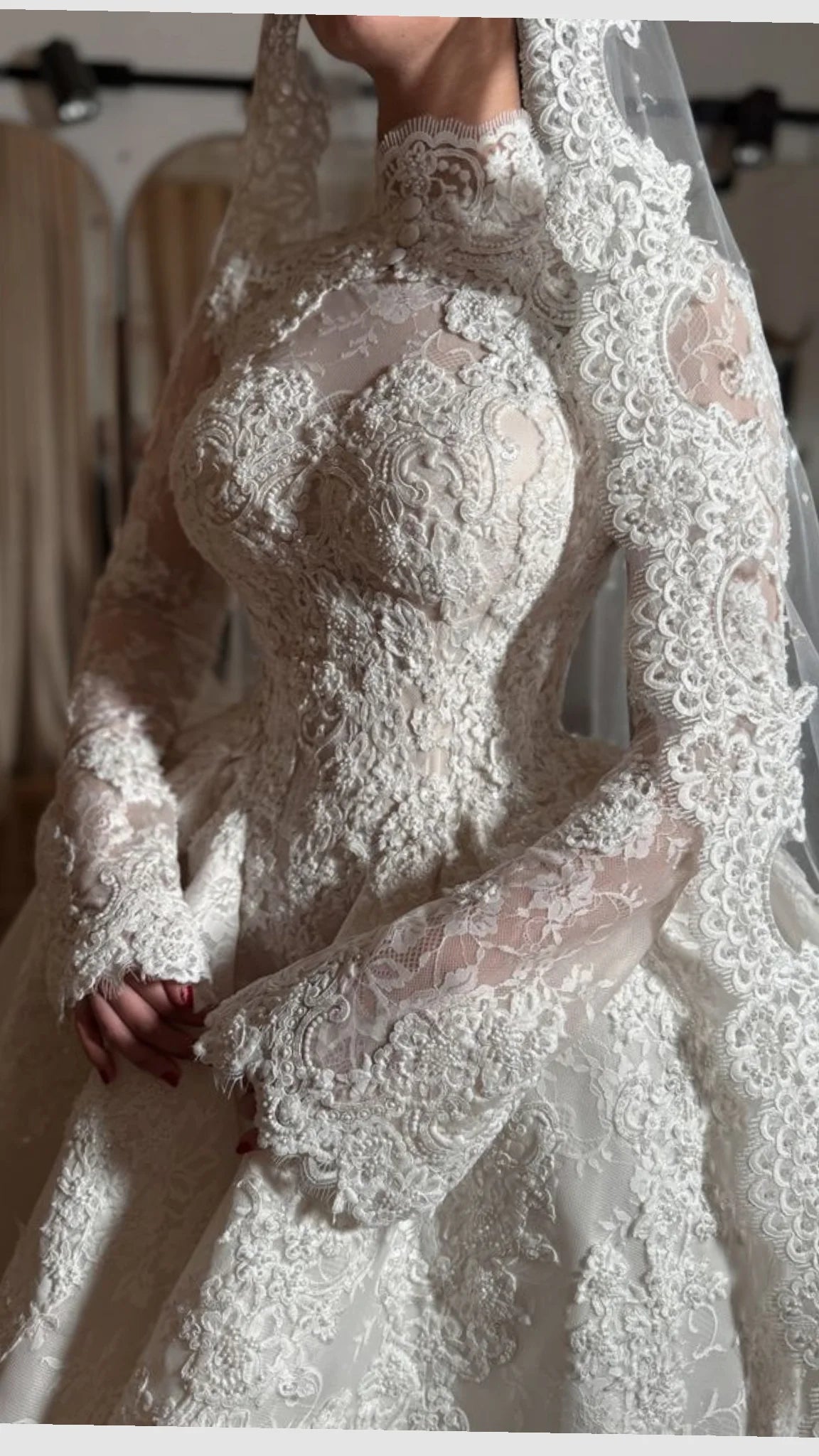 Custom Modest High Neck Long Sleeve Lace A-Line Wedding Dress with Pearls – Plus Size Bridal Gown