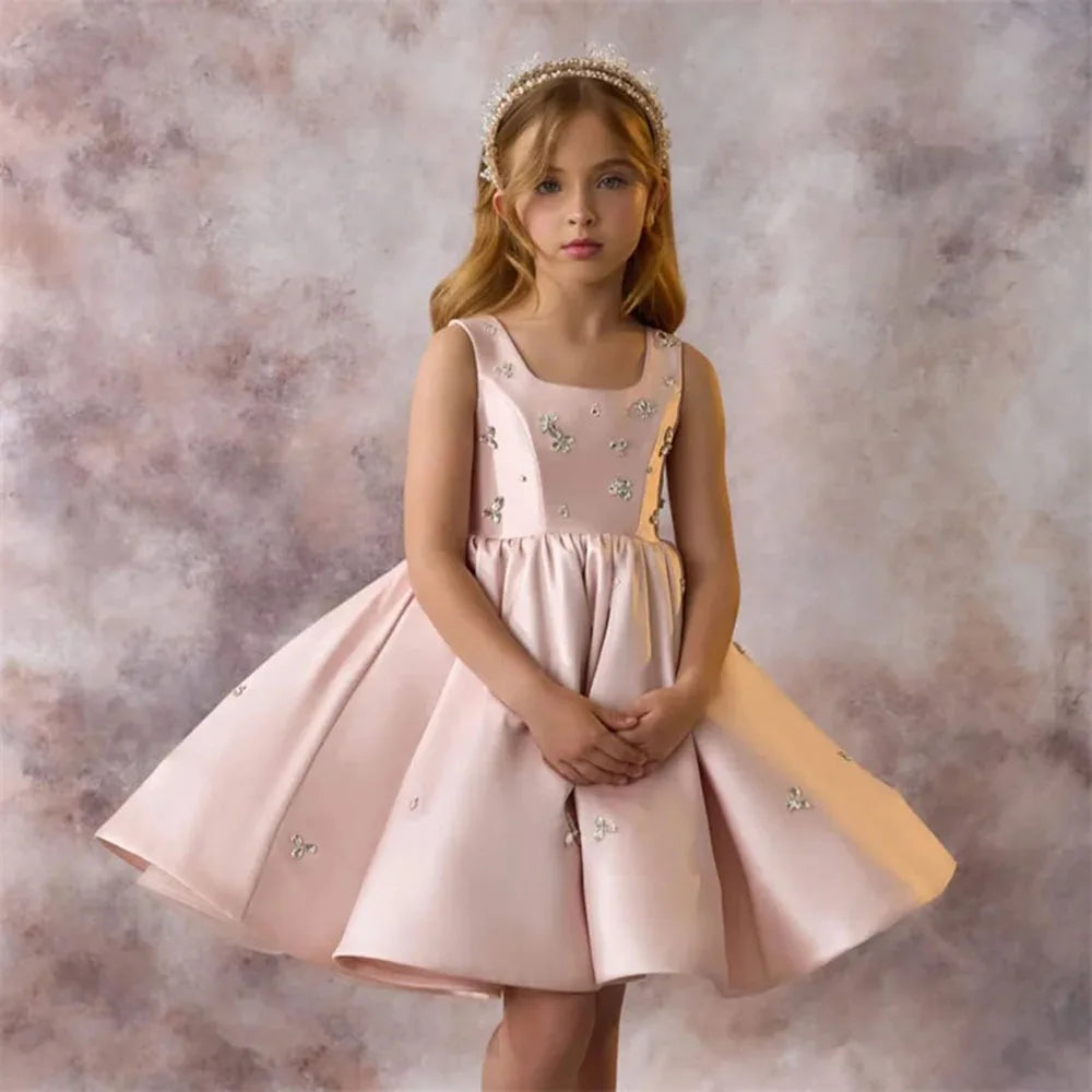 Princess Satin Flower Girl Dress with Crystals & Pearls – Kids Ball Gown for Wedding, Birthday, or First Communion