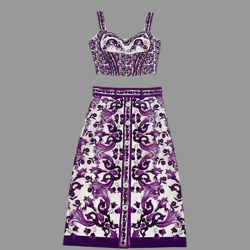 Elegant Women's Silk Top & Printed Cotton Skirt Set – 2-Piece Turn-Down Collar Outfit