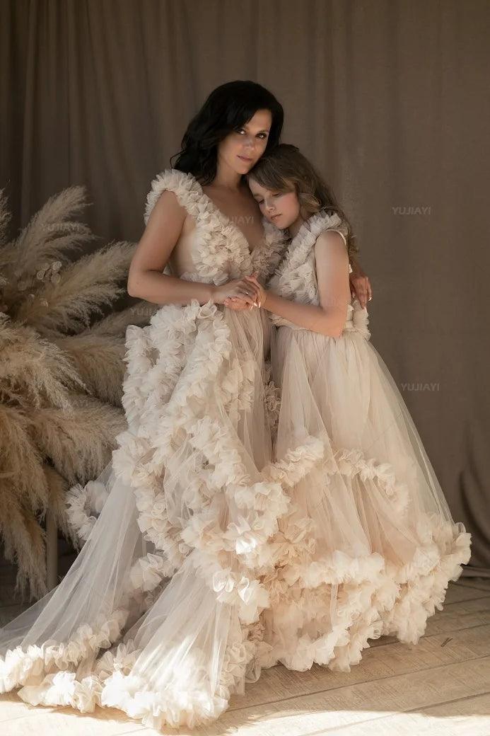 Elegant tiered ruffle tulle Mommy and Me matching dresses, perfect for mother-daughter and family photoshoots.