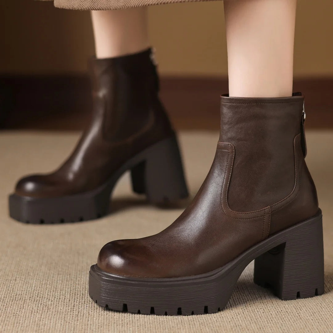 Women’s Genuine Leather Platform Ankle Boots with Chunky Heel – Round Toe Back Zip Punk Booties (8.5cm)