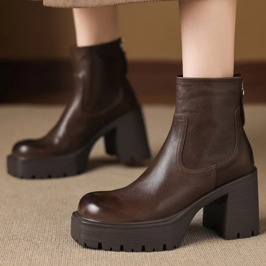 Women’s Genuine Leather Platform Ankle Boots with Chunky Heel – Round Toe Back Zip Punk Booties (8.5cm) - HER SHOP