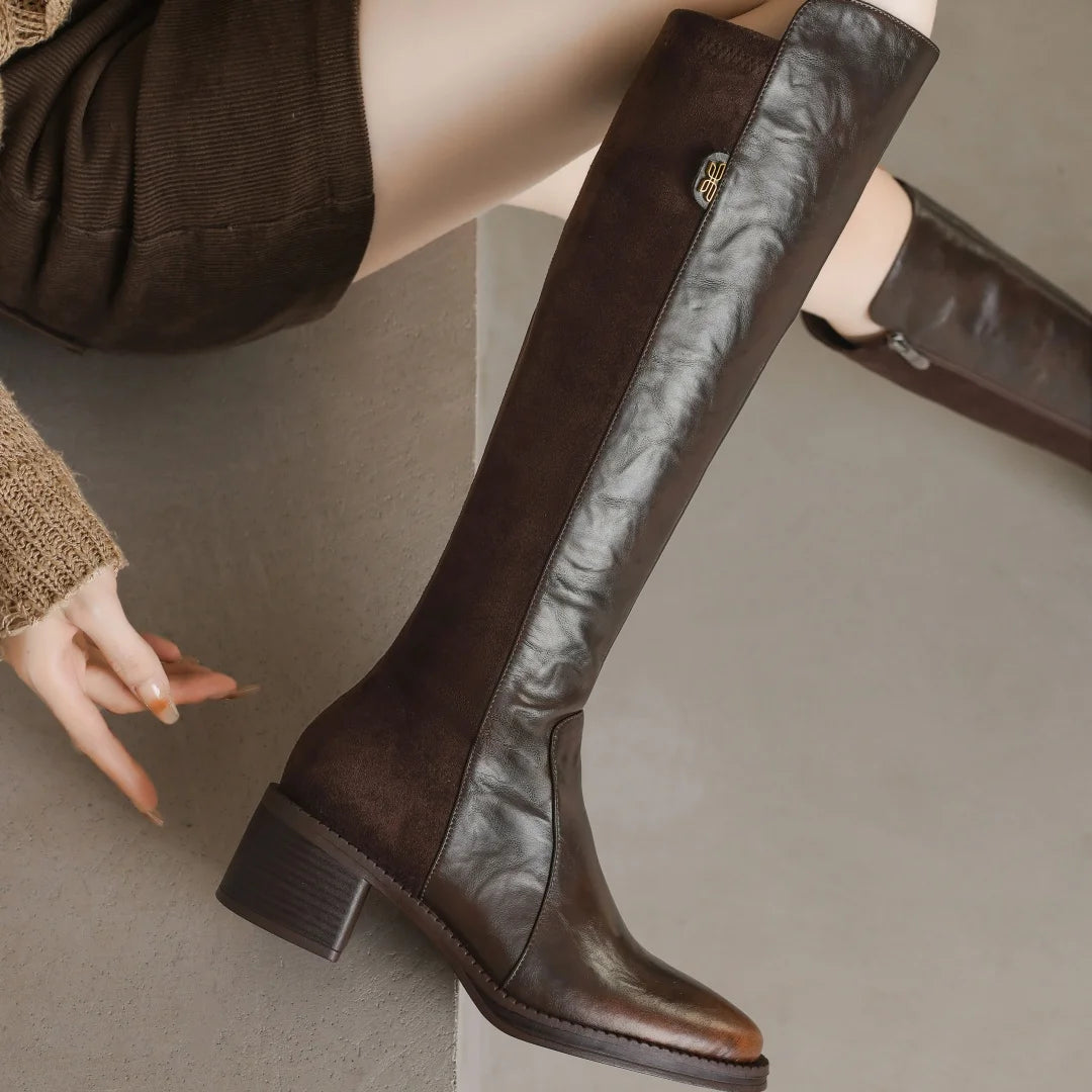 Women’s Genuine Leather & Flock Patchwork Knee-High Knight Boots – Side Zip, 5cm Thick Medium Heel, Casual Autumn Winter Long Boots