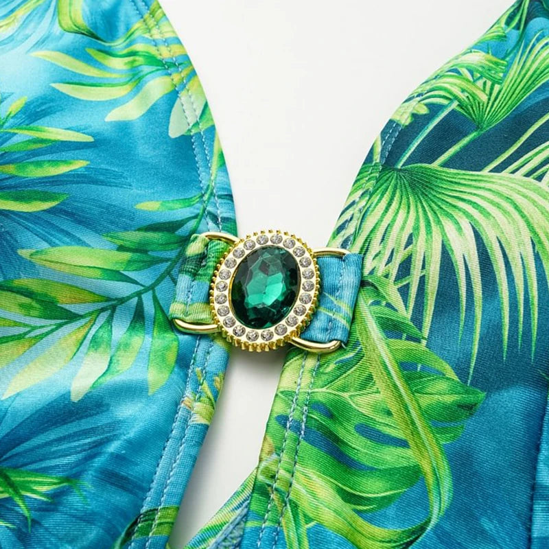 Jungle Green Deep V One-Piece Swimsuit with Skirt