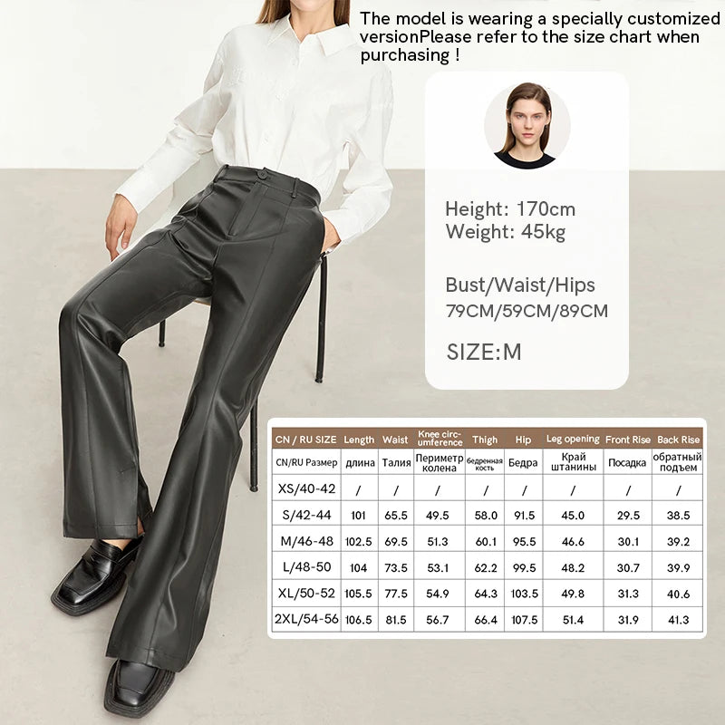 Person wearing black wide-leg pants and a white shirt on a gray background with 'Amii' branding.
