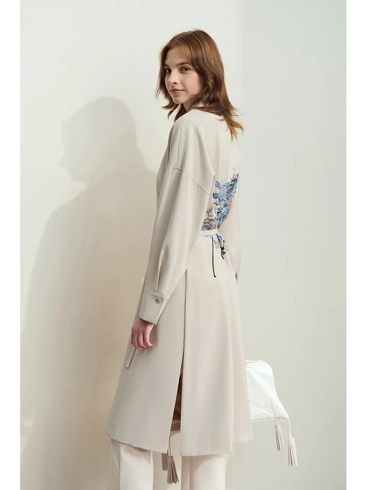 Minimalist Women's Loose Trench Coat 2024 Autumn Lapel Collar Drop Cuff Hydrangea Print with Belt High Slit Coat 12453028