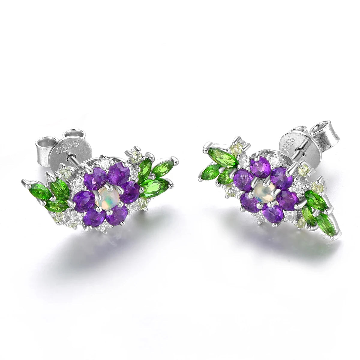 Natural Amethyst, Diopside & Opal Multicolor Sterling Silver Stud Earrings Ã¢â‚¬â€œ 2.5 Carat Gemstone Fine Jewelry for Women, Daily Wear