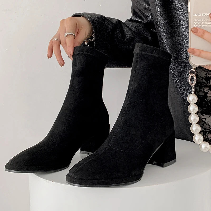2026 new autumn winter women ankle boots 22-24.5cm stretch flannel square toe thick high heel skinny boots fashion short boots - HER SHOP