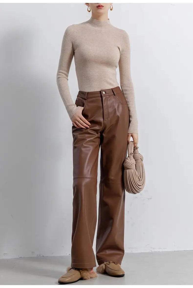 Leather Long Pants Women New Commuter Waist Slim Sheepskin Wide Leg Full Length Straight Cylinder Trousers