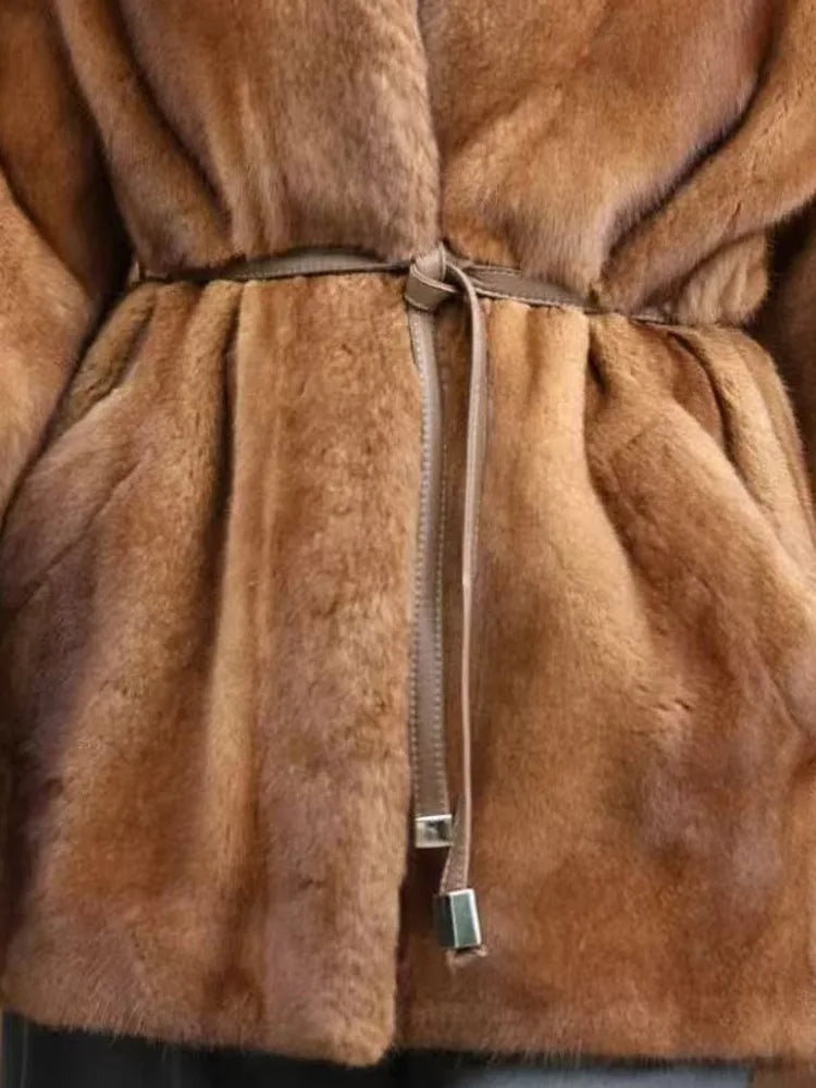 Women’s Minimalist Eco Faux Mink Shearling Coat with Tie Belt – Luxury V-Neck Winter Designer Outerwear