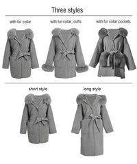 Women's Winter Coat - Real Fur Hood, 100% Natural Fox Fur Collar & Cuffs, Cashmere Wool Blend, Oversized Loose Fit Outerwear