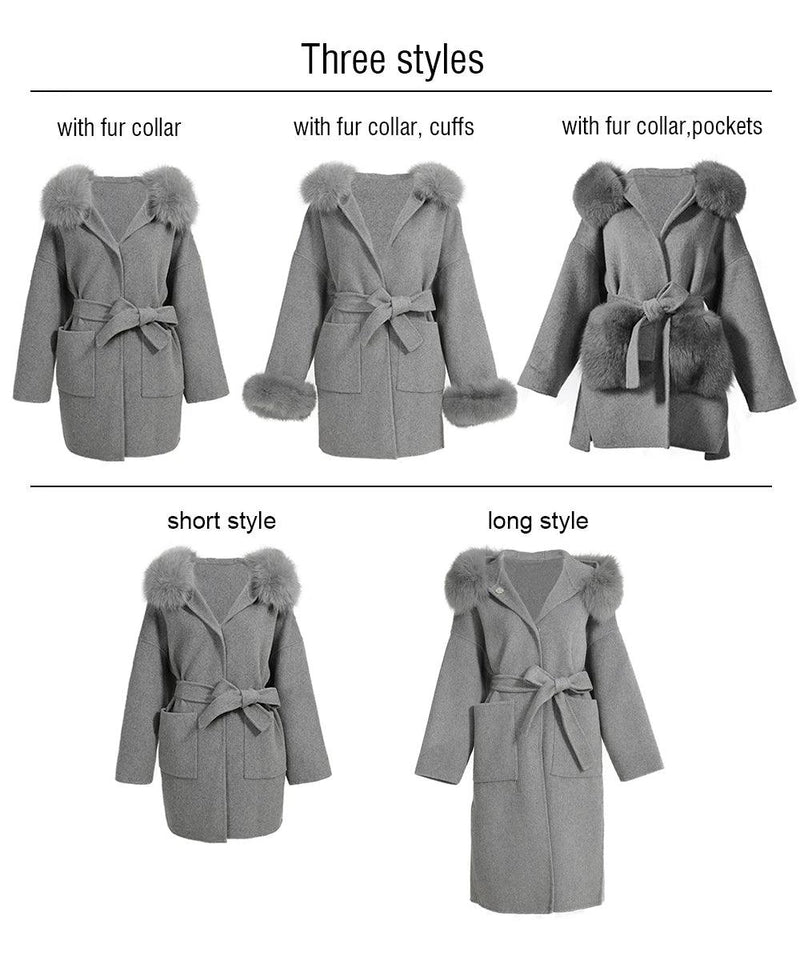 Women's Winter Coat - Real Fur Hood, 100% Natural Fox Fur Collar & Cuffs, Cashmere Wool Blend, Oversized Loose Fit Outerwear