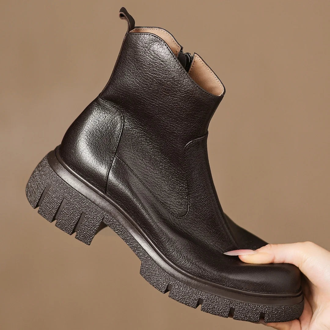 Women’s Genuine Sheepskin Ankle Boots with Side Zip – Round Toe, Soft Comfort, Thick Sole Casual Boots for Autumn