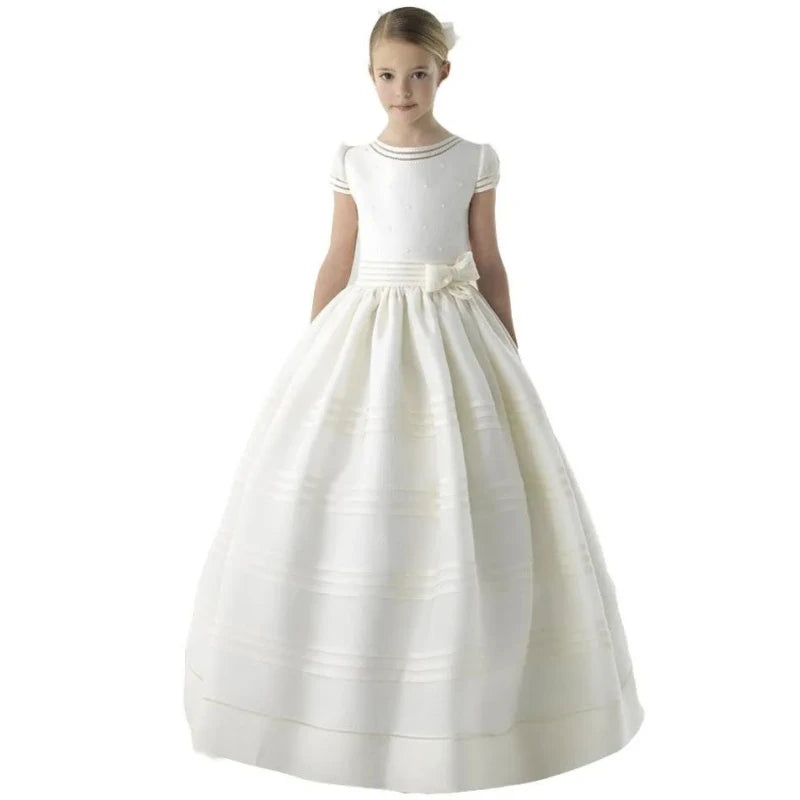 Customized Flower Girls Dresses Vintage Ivory Satin Pearls Top With Bow For Wedding Birthday Party Princess Baptism Gowns