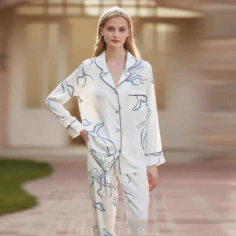 Elegant Pajama Set for Women – Long Sleeve Lapel Home Suit for Spring & Summer