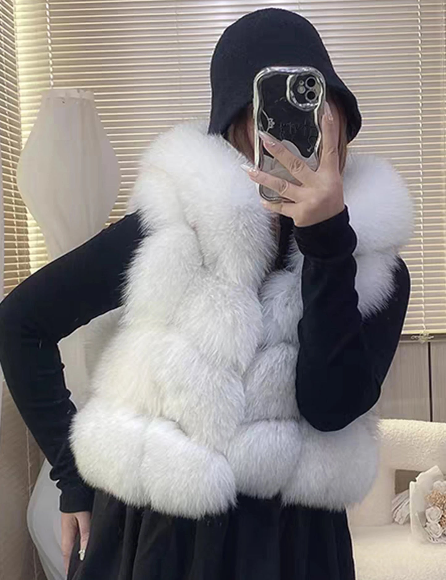 Real Fox Fur Vest Women's Genuine Silver Fox Short Jacket Sleeveless Hooded Fashion Casual Coats