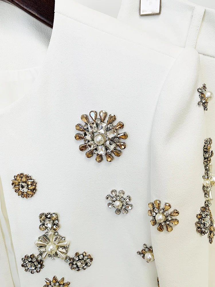 HIGH STREET Newest Fashion Designer Suit Set Women's Pearls Diamonds Rhinestone Beaded Trimed Jacket Flare Slit Pants Suit