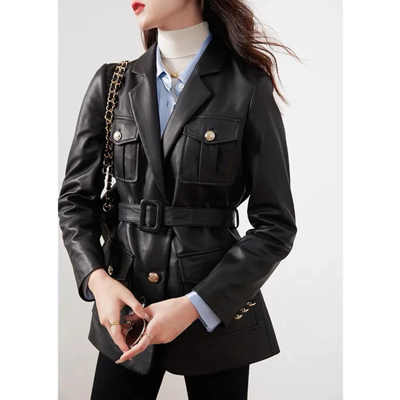 Women’s Genuine Sheepskin Leather Coat – Retro Belted Mid-Length Jacket with Gold Buckle, Suit Collar & Cargo Pockets