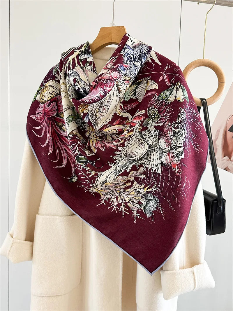 Winter Soft Scarf Double-Faced Printed Shawls Silk Wool Hand-rolled Edge Scarves Square Large Bandanas Shawls Christmas Gift