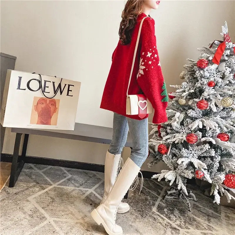 Autumn/Winter Color-Blocked Christmas Sweater – Women's Thickened Hoodie with Snowflake Design, Loose Round Neck, Cozy Lazy Style Top