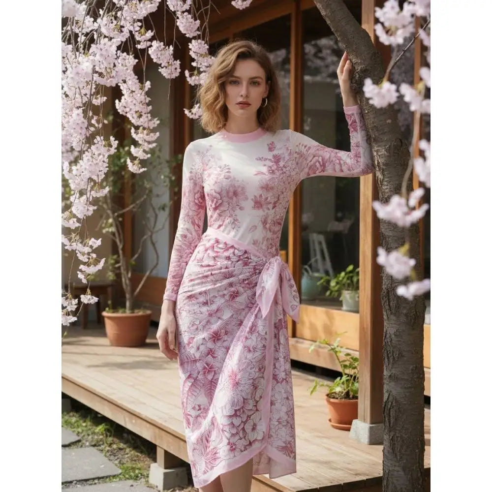 Floral Long Sleeve One-Piece Swimsuit with Mesh Dress