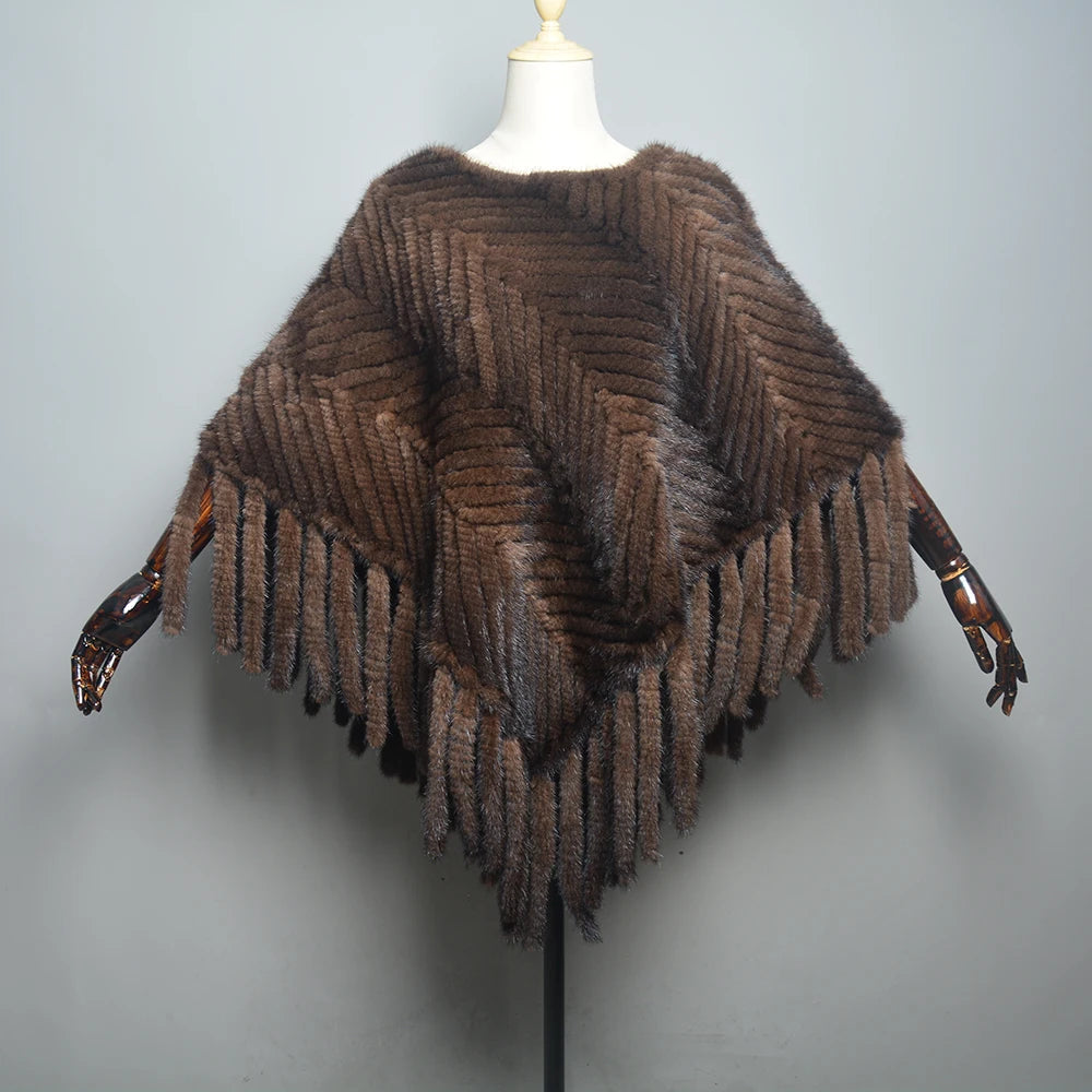 2024 Hot Sale Women Real Fur Poncho Black Brown Knitted Natural Mink Fur Scarves Shawl Lady Fashion 100% Genuine Mink Fur Shawls