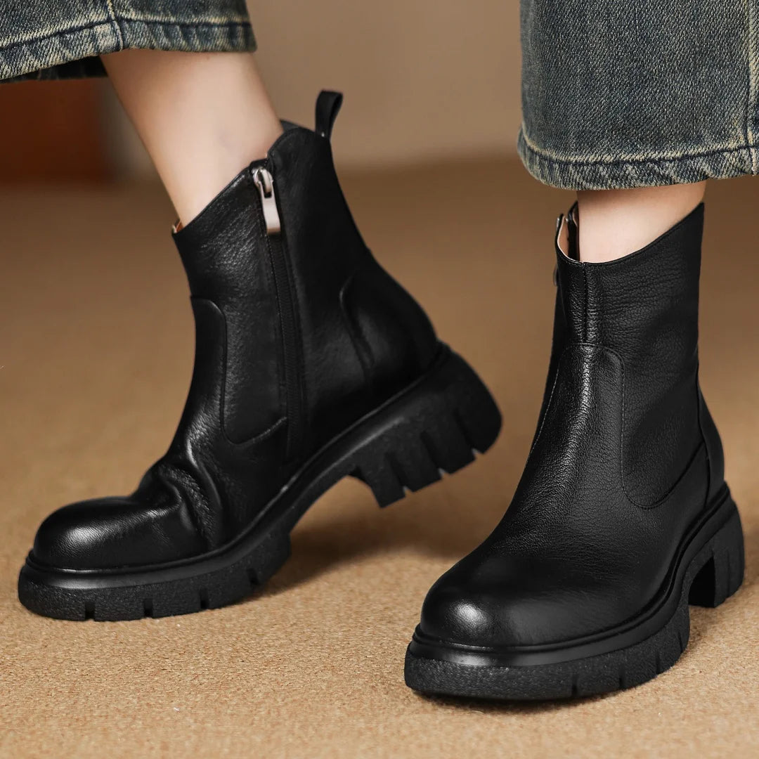 Women’s Genuine Sheepskin Ankle Boots with Side Zip – Round Toe, Soft Comfort, Thick Sole Casual Boots for Autumn