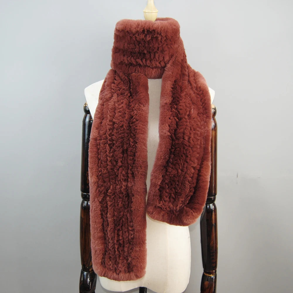 Long Style Genuine Rex Rabbit Fur Scarf– Women's Winter Knitted Ring Scarf & Luxury Muffler