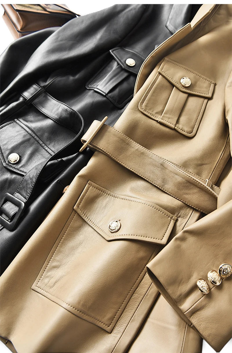 Women’s Genuine Sheepskin Leather Coat – Retro Belted Mid-Length Jacket with Gold Buckle, Suit Collar & Cargo Pockets